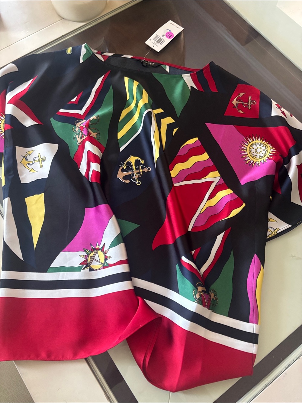 Polo by Ralph Lauren Black Nautical Flag Print Top with Red Trim